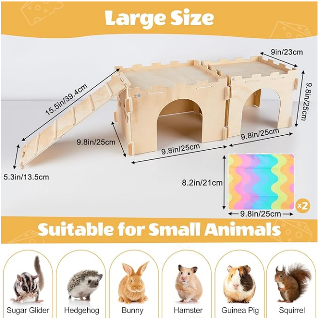 Guinea Pig Hideout, Guinea Pig House with Stairs and Mats Extra Large Guinea Pig Castle Detachable Hideouts for Small Animals Wooden Guinea Pig Habitats with Multiple Doors and Windows