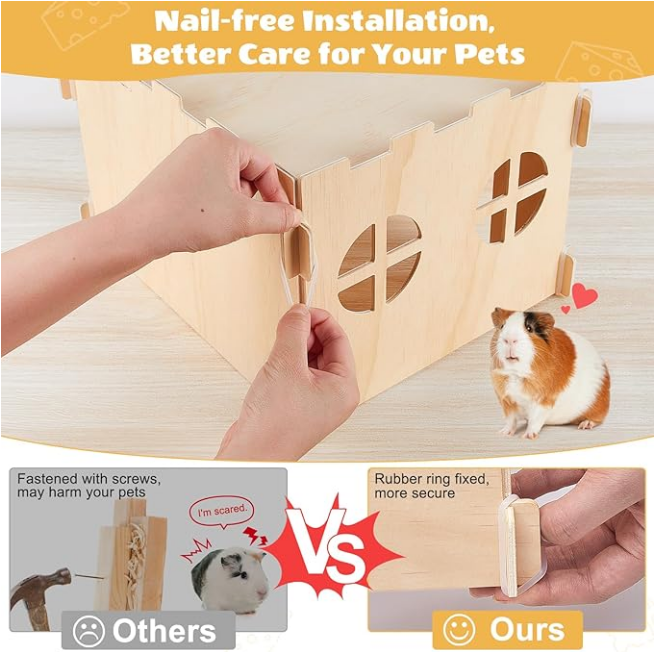 Guinea Pig Hideout, Guinea Pig House with Stairs and Mats Extra Large Guinea Pig Castle Detachable Hideouts for Small Animals Wooden Guinea Pig Habitats with Multiple Doors and Windows