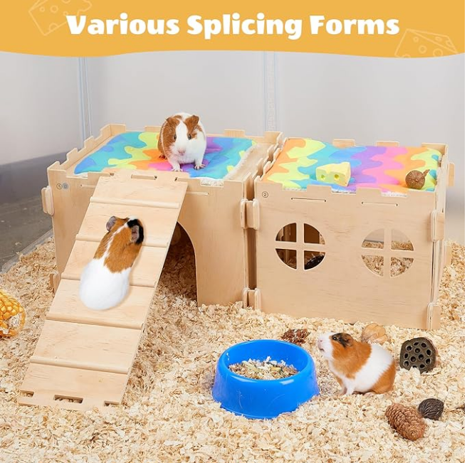Guinea Pig Hideout, Guinea Pig House with Stairs and Mats Extra Large Guinea Pig Castle Detachable Hideouts for Small Animals Wooden Guinea Pig Habitats with Multiple Doors and Windows