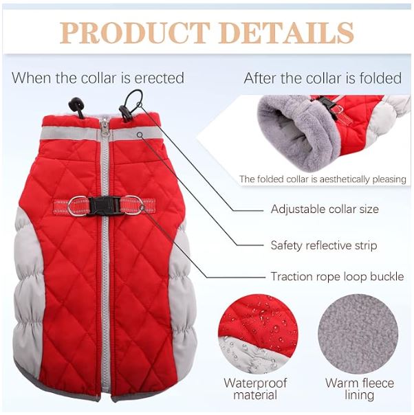 OUOBOB Dog Coat, Winter Dog Coats for Medium Dogs, Built in Dog Vest with Harness Red Dog Puffer Jacket