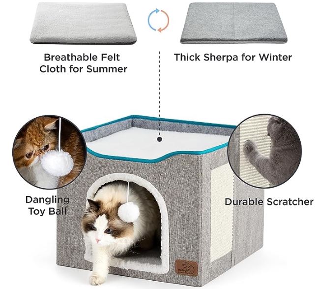 Bedsure Cat Beds for Indoor Cats - Large Cat Cave for Pet Cat House-GREY ONLY