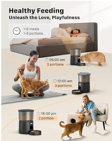 BEMOONY Automatic Cat Feeder, Cat Food Dispenser with 1-6 Meals, Customized Feeding Schedule for Cats & Dogs, BLACK