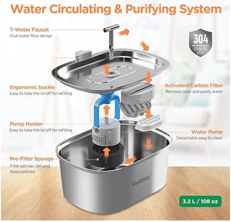 Cat Water Fountain Stainless Steel: 3.2L/108oz Pet Fountain Water Bowl Dog Drinking Dispenser Cat Feeding & Watering Supplies Animal Metal Kitty Spout for Cats Inside with 4 Replacement Filters