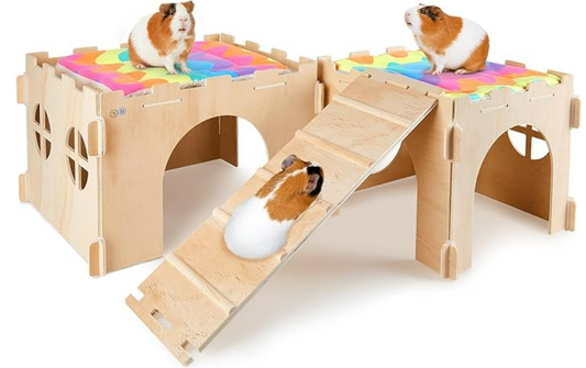 Guinea Pig Hideout, Guinea Pig House with Stairs and Mats Extra Large Guinea Pig Castle Detachable Hideouts for Small Animals Wooden Guinea Pig Habitats with Multiple Doors and Windows