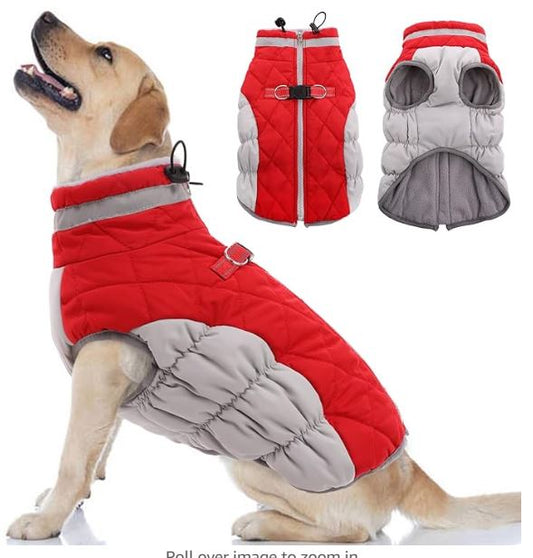 OUOBOB Dog Coat, Winter Dog Coats for Medium Dogs, Built in Dog Vest with Harness Red Dog Puffer Jacket