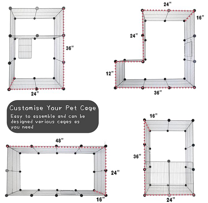 CHEGRON Guinea Pig Cages Expandable 4x2 C&C Cage Habitats for 2 Small Animal House Pet Puppy Playpen Indoor Rabbit Hedgehog Cage 12 Panels Metal Grids with PVC Liner, 48x24x16 inch